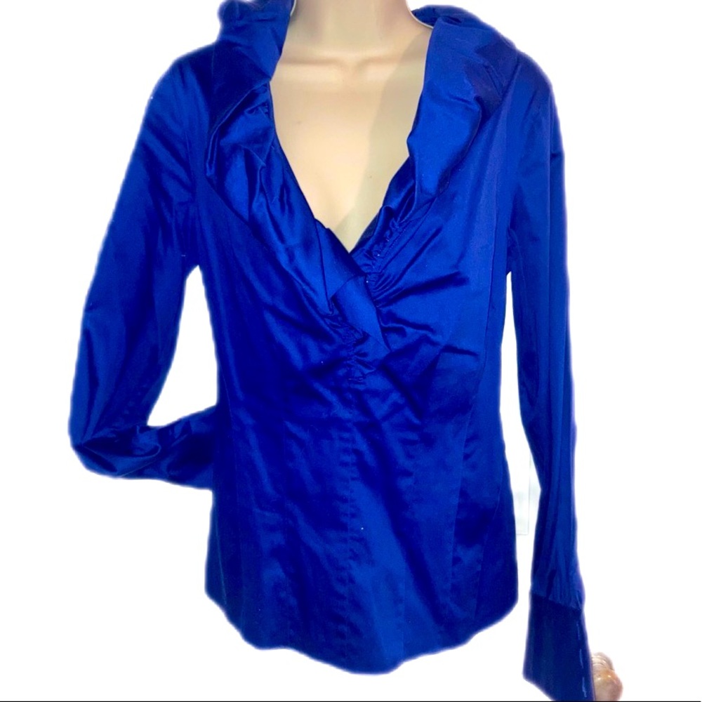 Royal blue, ruffled collar blouse with adjustable hemline, sz 8